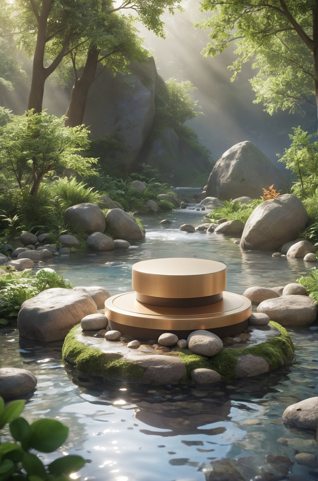 3D\(hubgstyle)\,  a round podium on a rock in a stream in the water in the middle,  trees on Tensor.Art