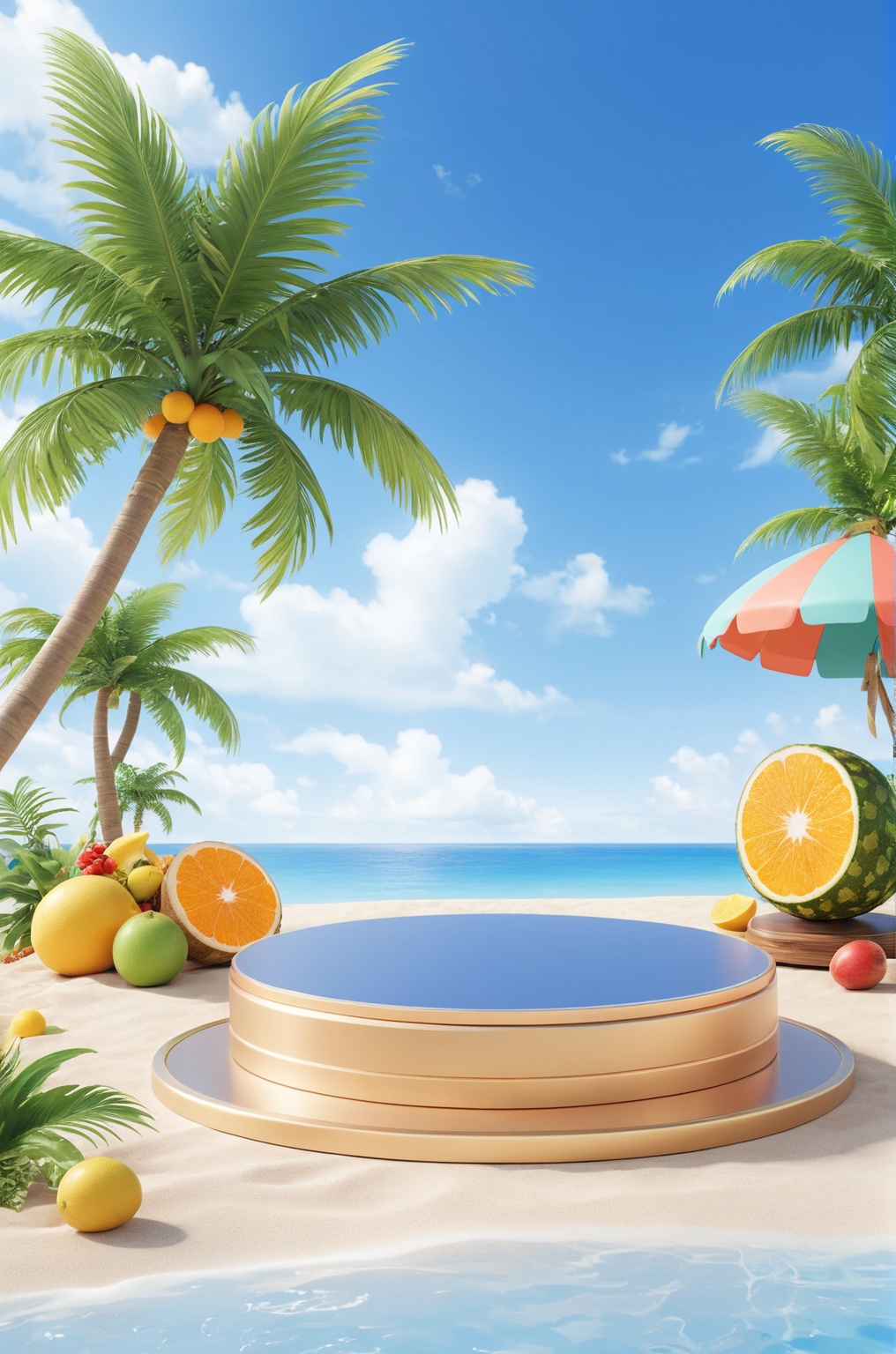3D\(hubgstyle)\,  a round podium on the beach in the middle,  palm trees on Tensor.Art