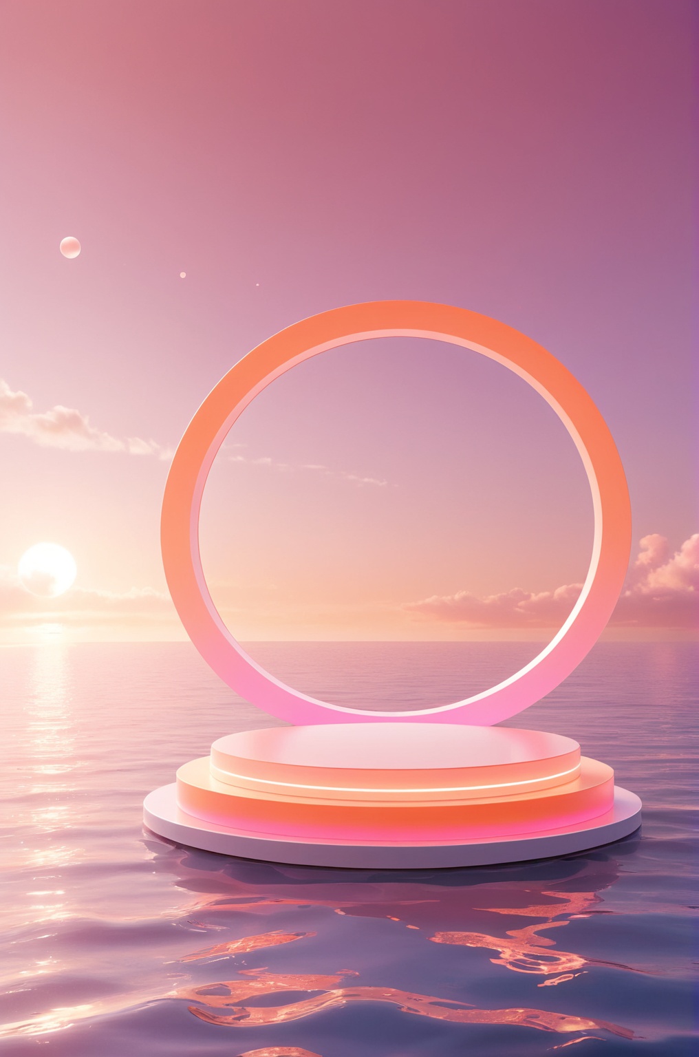 3D\(hubgstyle)\,  a round podium in the water on ocean surface in the middle,  a glowing circle in the sky on Tensor.Art