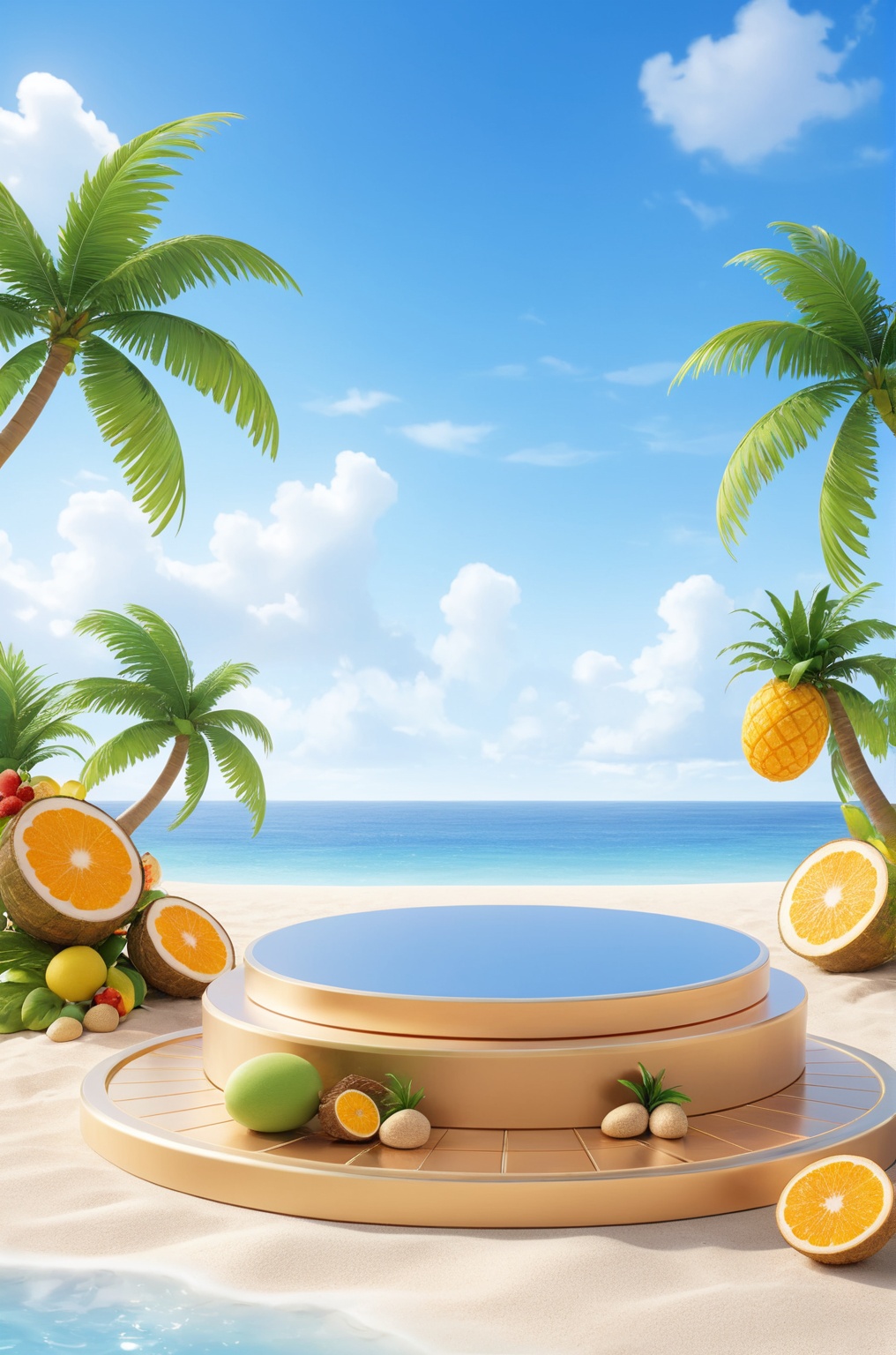 3D\(hubgstyle)\,  a round podium on the beach in the middle,  palm trees on Tensor.Art