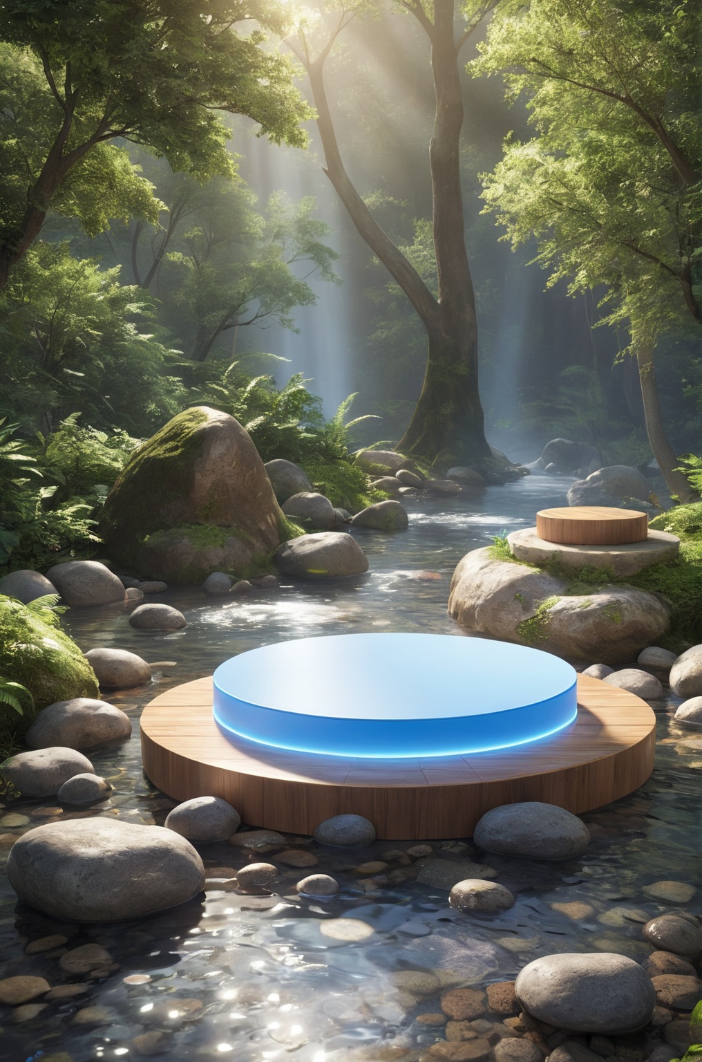 3D\(hubgstyle)\,  a round podium on a rock in a stream in the water in the middle,  trees on Tensor.Art