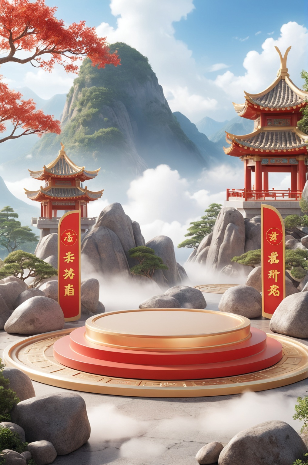 3D\(hubgstyle)\,  a round podium on the ground in the middle,  Chinese aesthetic on Tensor.Art