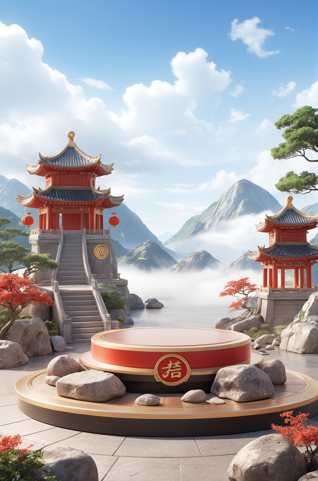 3D\(hubgstyle)\,  a round podium on the ground in the middle,  Chinese aesthetic on Tensor.Art