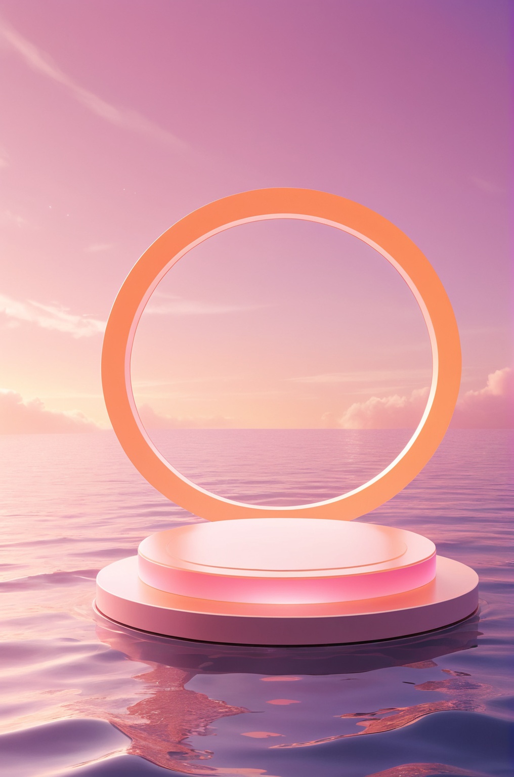 3D\(hubgstyle)\,  a round podium in the water on ocean surface in the middle,  a glowing circle in the sky on Tensor.Art