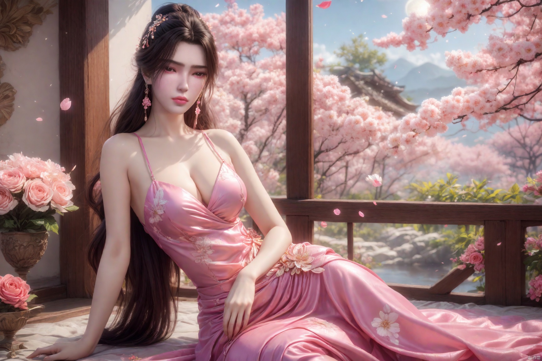  (8k, RAW photo, best quality, masterpiece:1.2),hatching (texture),skin gloss,light persona,artbook,extremely detailed CG unity 8k wallpaper,official art,
(high detailed skin),glossy skin,contrapposto,female focus,sexy,fine fabric emphasis,wall paper,
1girl, solo, dress, flower, sitting, long hair, jewelry, looking at viewer, earrings, pink dress