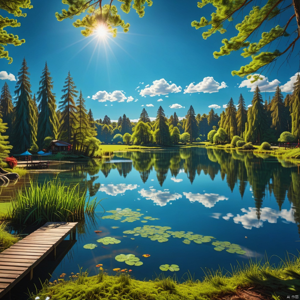 blue sky, Magic Park

,Lakes,

(wonderland:1
),
Adequate sunlight,reflection, true light and shadow, perfect lighting,
no humans,Realistic, 
Overlooking,
Representative,boutique, Masterpiece, Intricate, 
High Quality, Best Quality, 
Ultra HD,high res, 
Full Detail,

,Authenticity,
Take photos,

﻿