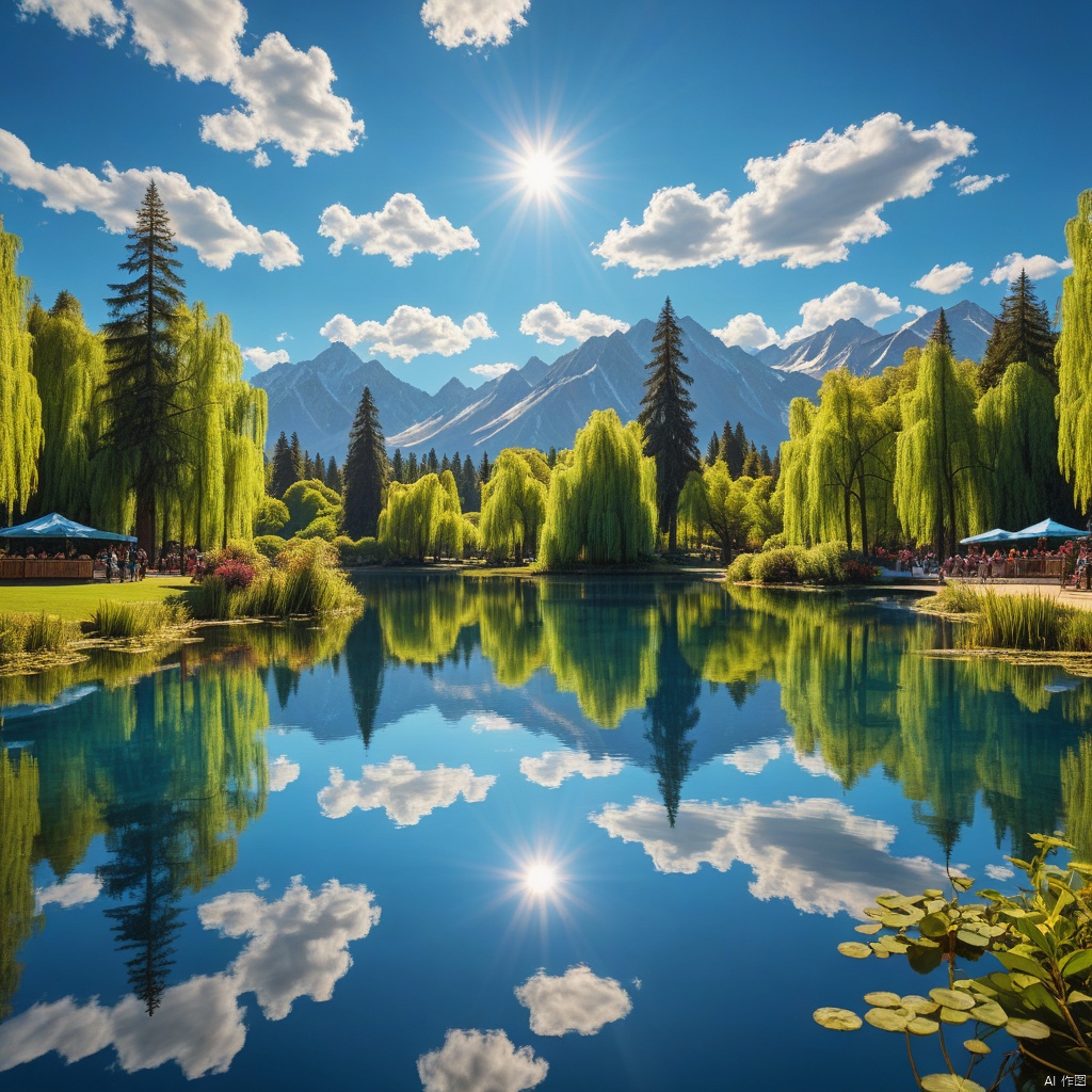 blue sky, Magic Park

,Lakes,

(wonderland:1
),
Adequate sunlight,reflection, true light and shadow, perfect lighting,
no humans,Realistic, 
Overlooking,
Representative,boutique, Masterpiece, Intricate, 
High Quality, Best Quality, 
Ultra HD,high res, 
Full Detail,

,Authenticity,
Take photos,

﻿