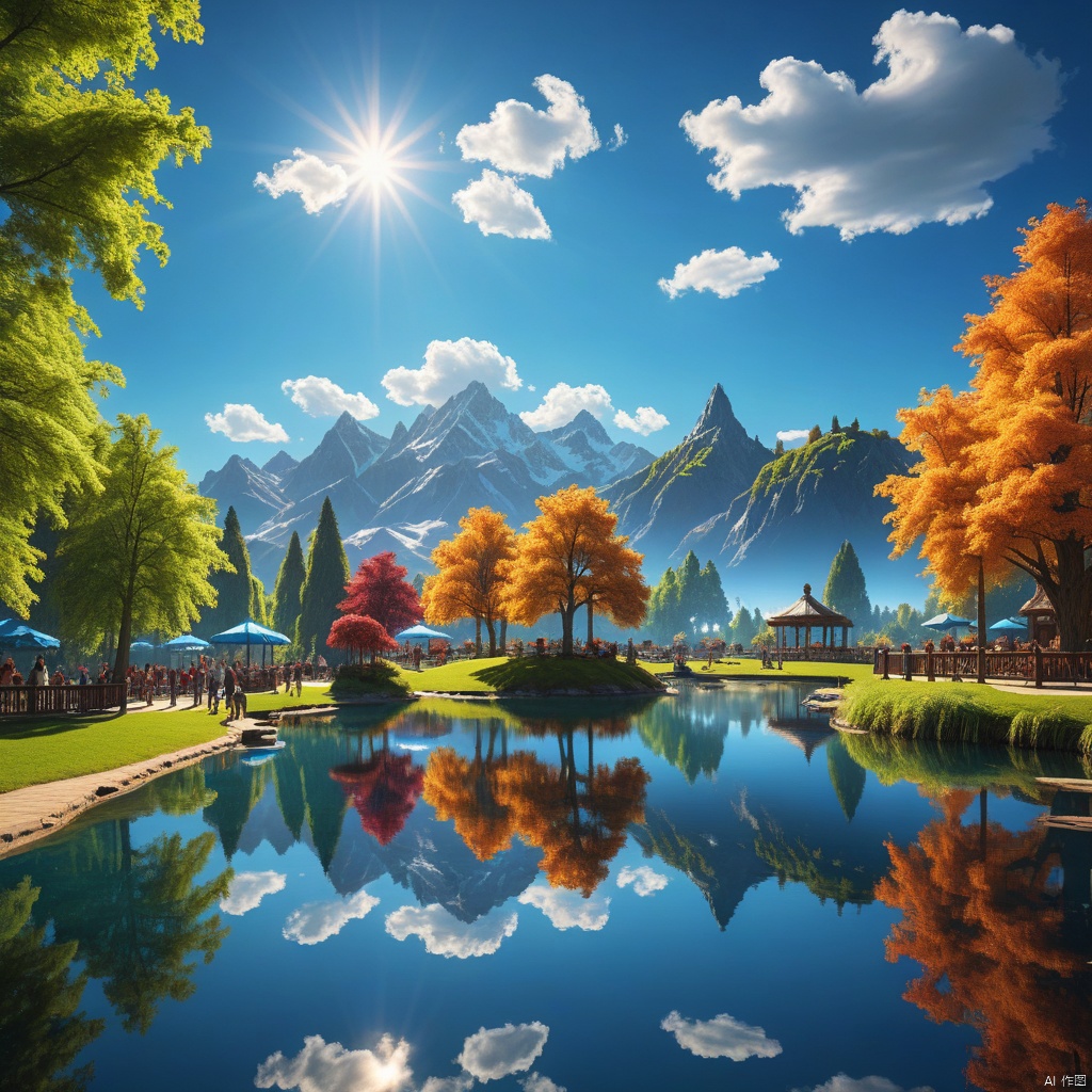 blue sky, Magic Park

,Lakes,

(wonderland:1
),
Adequate sunlight,reflection, true light and shadow, perfect lighting,
no humans,Realistic, 
Overlooking,
Representative,boutique, Masterpiece, Intricate, 
High Quality, Best Quality, 
Ultra HD,high res, 
Full Detail,

,Authenticity,
Take photos,

﻿