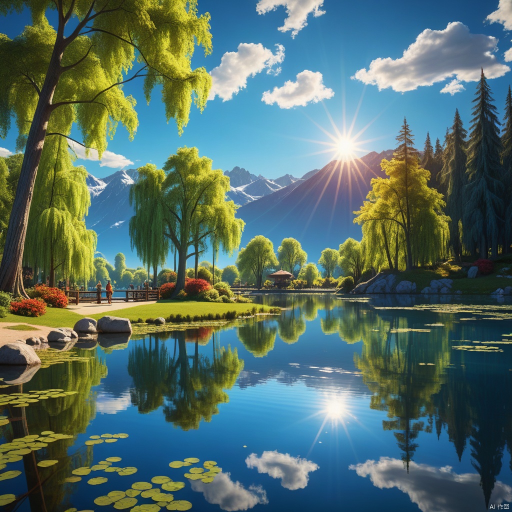 blue sky, Magic Park

,Lakes,

(wonderland:1
),
Adequate sunlight,reflection, true light and shadow, perfect lighting,
no humans,Realistic, 
Overlooking,
Representative,boutique, Masterpiece, Intricate, 
High Quality, Best Quality, 
Ultra HD,high res, 
Full Detail,

,Authenticity,
Take photos,

﻿
