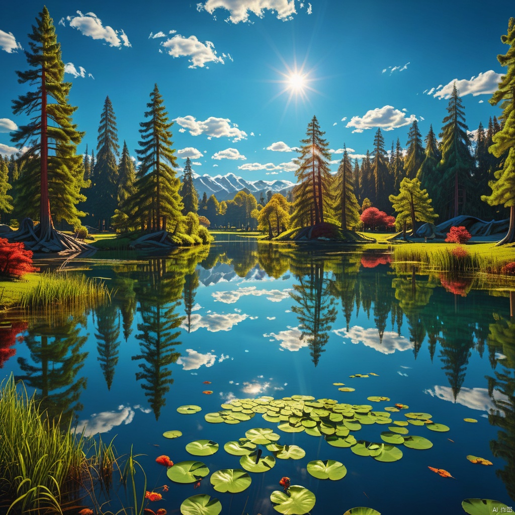 blue sky, Magic Park

,Lakes,

(wonderland:1
),
Adequate sunlight,reflection, true light and shadow, perfect lighting,
no humans,Realistic, 
Overlooking,
Representative,boutique, Masterpiece, Intricate, 
High Quality, Best Quality, 
Ultra HD,high res, 
Full Detail,

,Authenticity,
Take photos,

﻿