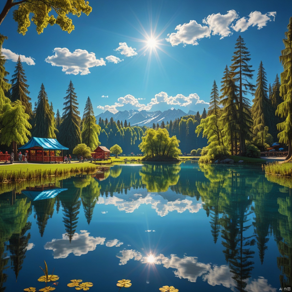 blue sky, Magic Park

,Lakes,

(wonderland:1
),
Adequate sunlight,reflection, true light and shadow, perfect lighting,
no humans,Realistic, 
Overlooking,
Representative,boutique, Masterpiece, Intricate, 
High Quality, Best Quality, 
Ultra HD,high res, 
Full Detail,

,Authenticity,
Take photos,

﻿