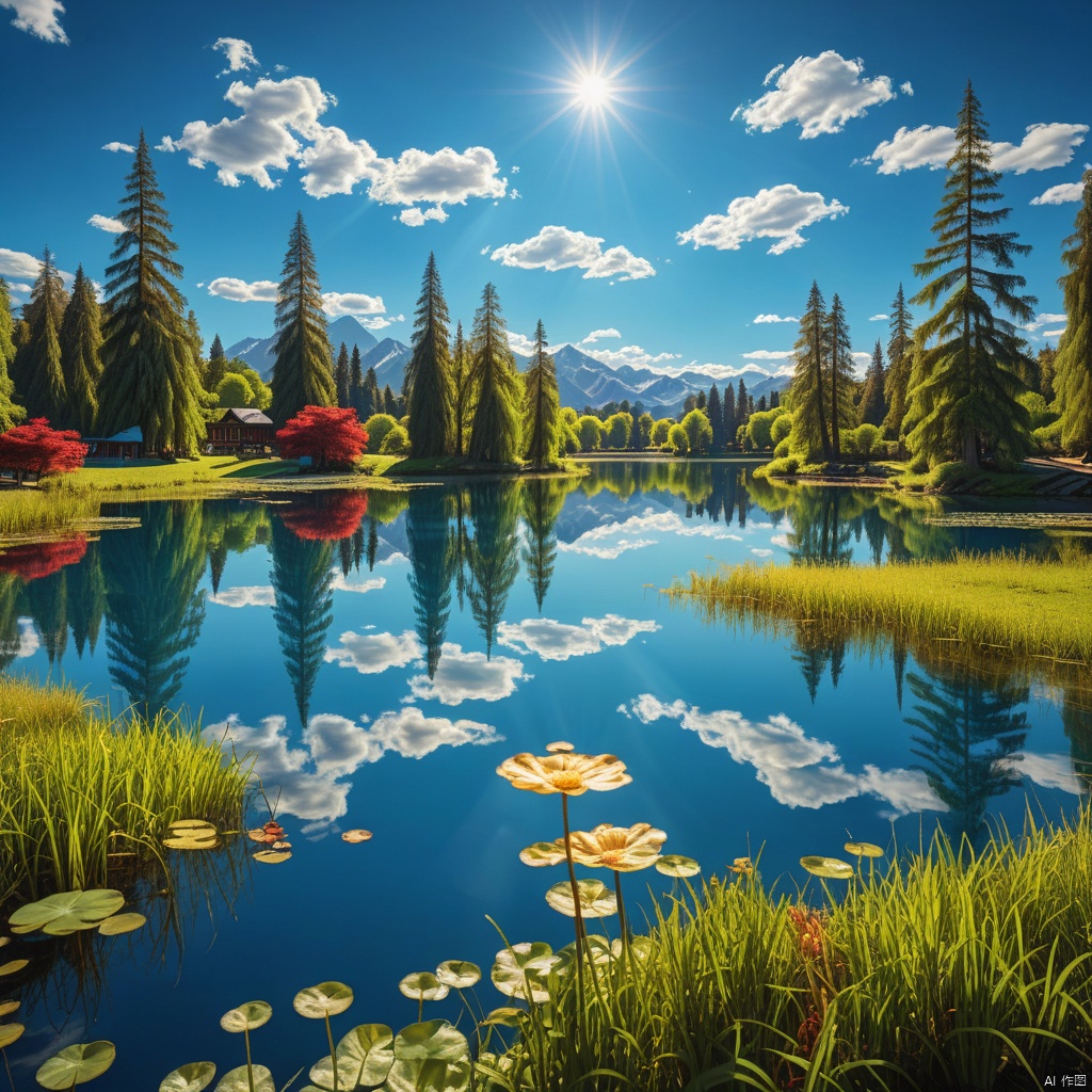 blue sky, Magic Park

,Lakes,

(wonderland:1
),
Adequate sunlight,reflection, true light and shadow, perfect lighting,
no humans,Realistic, 
Overlooking,
Representative,boutique, Masterpiece, Intricate, 
High Quality, Best Quality, 
Ultra HD,high res, 
Full Detail,

,Authenticity,
Take photos,

﻿