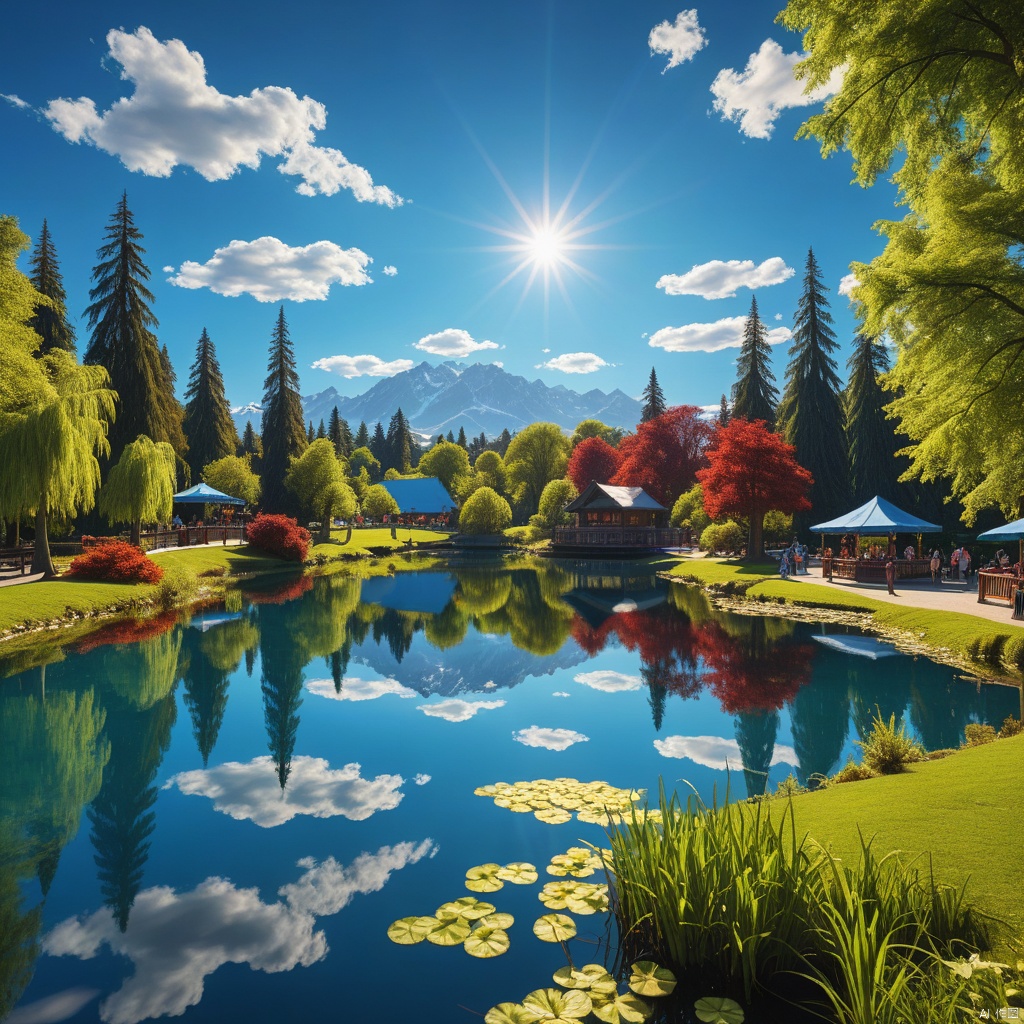 blue sky, Magic Park

,Lakes,

(wonderland:1
),
Adequate sunlight,reflection, true light and shadow, perfect lighting,
no humans,Realistic, 
Overlooking,
Representative,boutique, Masterpiece, Intricate, 
High Quality, Best Quality, 
Ultra HD,high res, 
Full Detail,

,Authenticity,
Take photos,

﻿