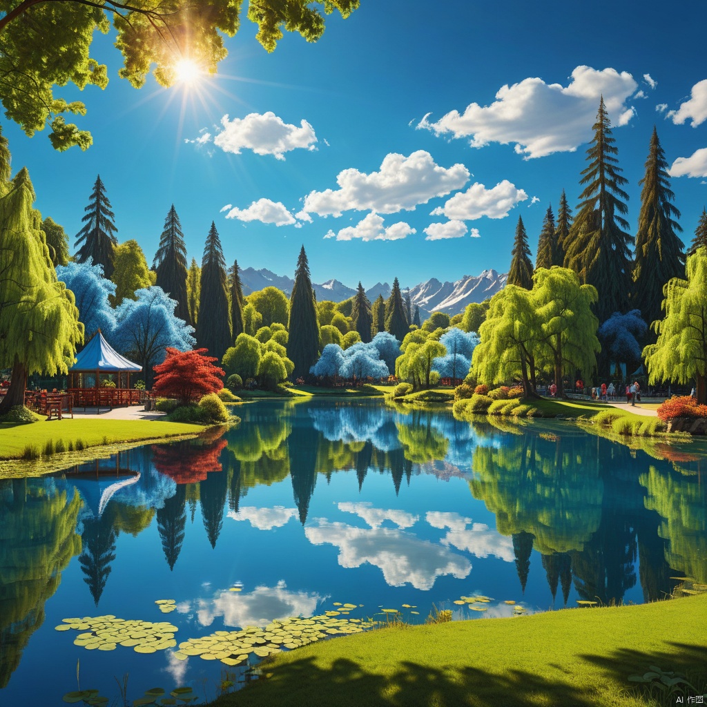 blue sky, Magic Park

,Lakes,

(wonderland:1
),
Adequate sunlight,reflection, true light and shadow, perfect lighting,
no humans,Realistic, 
Overlooking,
Representative,boutique, Masterpiece, Intricate, 
High Quality, Best Quality, 
Ultra HD,high res, 
Full Detail,

,Authenticity,
Take photos,

﻿