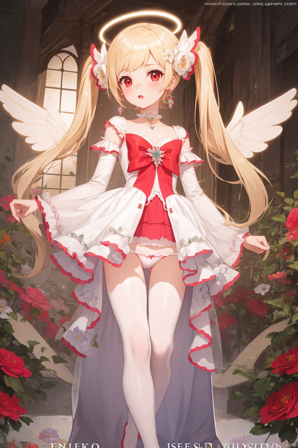 1girl, solo, long hair, looking at viewer, bangs, blonde hair, hair ornament, red eyes, thighhighs, dress, bow, twintails, jewelry, very long hair, closed mouth, underwear, standing, collarbone, panties, full body, flower, earrings, detached sleeves, wings, choker, hair flower, white dress, white panties, white thighhighs, sleeves past wrists, copyright name, ass visible through thighs, halo, no shoes, white flower, white wings