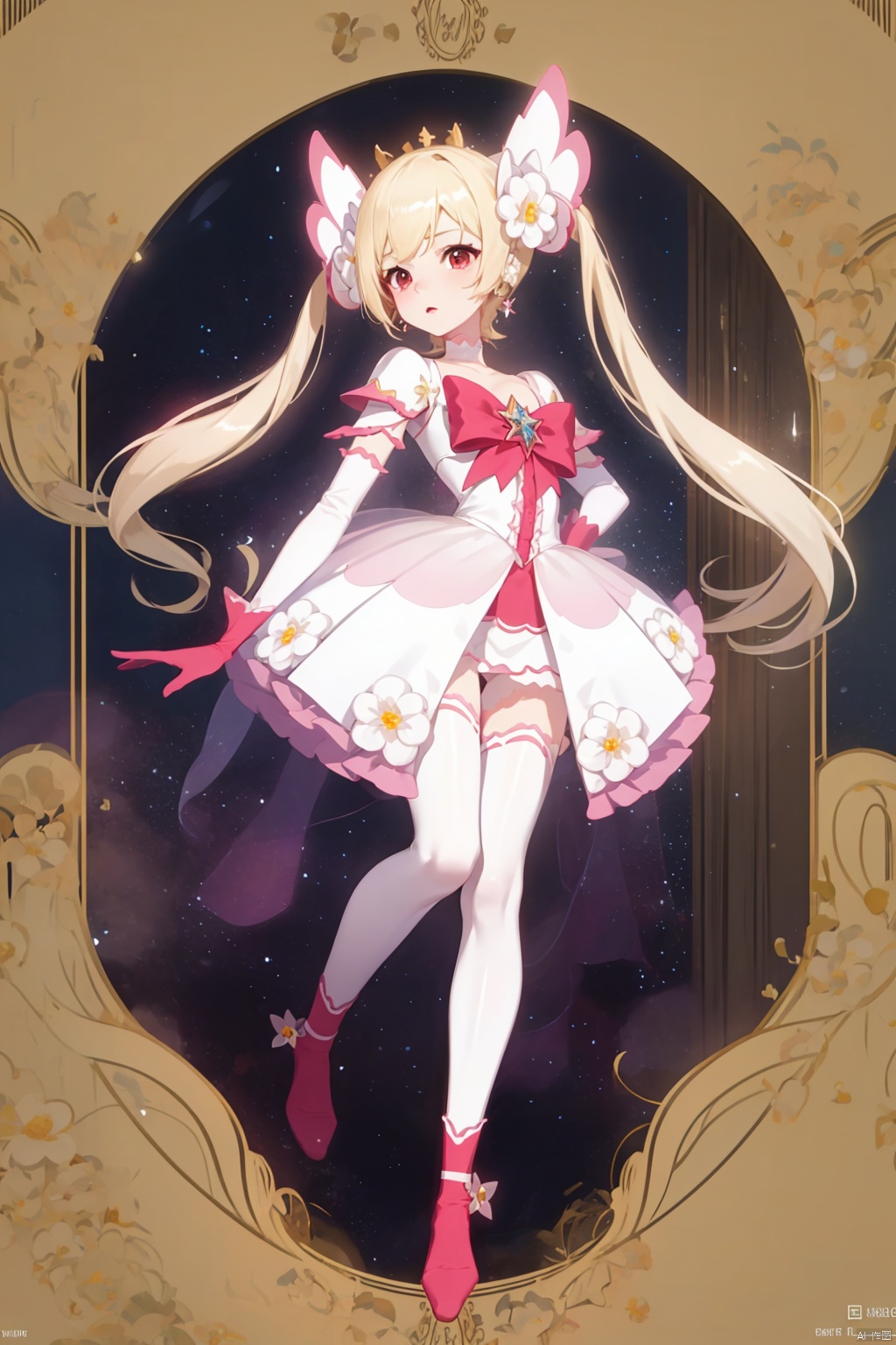 1girl, solo, long hair, looking at viewer, bangs, blonde hair, hair ornament, red eyes, thighhighs, dress, bow, twintails, jewelry, very long hair, closed mouth, underwear, standing, collarbone, panties, full body, flower, earrings, detached sleeves, wings, choker, hair flower, white dress, white panties, white thighhighs, sleeves past wrists, copyright name, ass visible through thighs, halo, no shoes, white flower, white wings