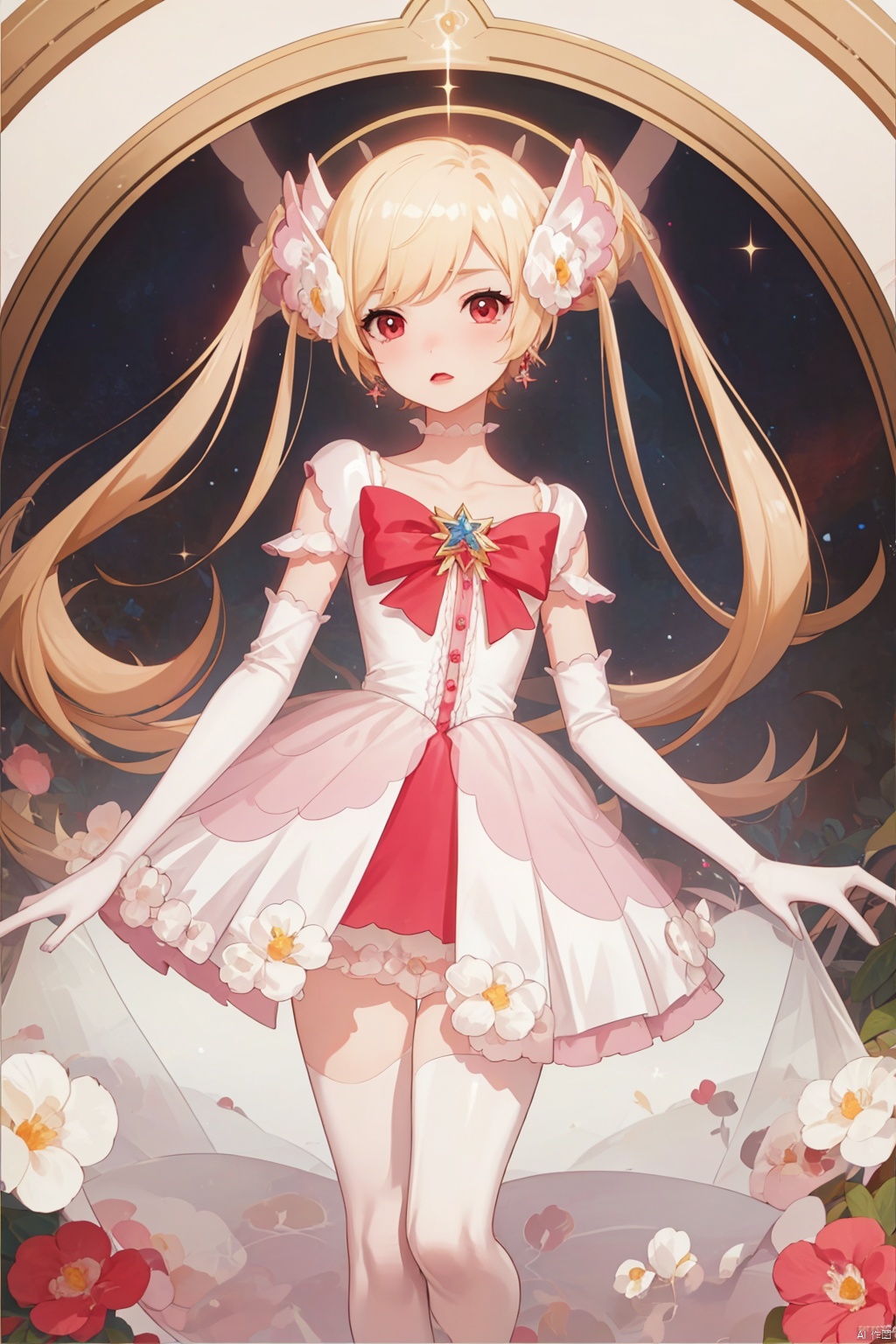 1girl, solo, long hair, looking at viewer, bangs, blonde hair, hair ornament, red eyes, thighhighs, dress, bow, twintails, jewelry, very long hair, closed mouth, underwear, standing, collarbone, panties, full body, flower, earrings, detached sleeves, wings, choker, hair flower, white dress, white panties, white thighhighs, sleeves past wrists, copyright name, ass visible through thighs, halo, no shoes, white flower, white wings