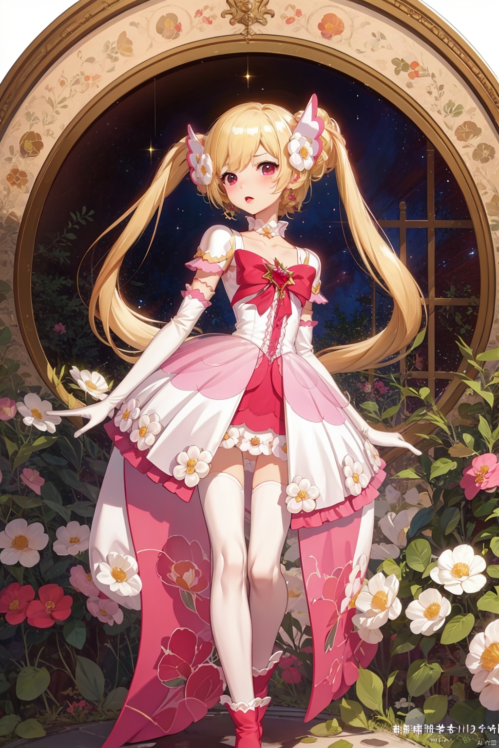 1girl, solo, long hair, looking at viewer, bangs, blonde hair, hair ornament, red eyes, thighhighs, dress, bow, twintails, jewelry, very long hair, closed mouth, underwear, standing, collarbone, panties, full body, flower, earrings, detached sleeves, wings, choker, hair flower, white dress, white panties, white thighhighs, sleeves past wrists, copyright name, ass visible through thighs, halo, no shoes, white flower, white wings