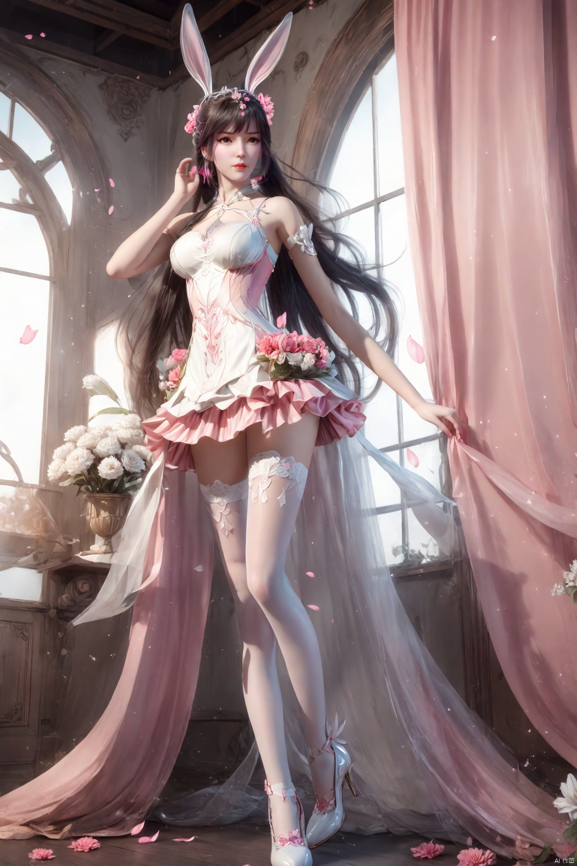  (8k, RAW photo, best quality, masterpiece:1.2),hatching (texture),skin gloss,light persona,artbook,extremely detailed CG unity 8k wallpaper,official art,
(high detailed skin),glossy skin,contrapposto,female focus,sexy,fine fabric emphasis,wall paper,
1girl,solo,looking at viewer,dress,ribbon,bare shoulders,full body,flower,high heels,petals,white footwear,curtains,pink flower,rabbit ears,animal ears,white thighhighs,
xwhd,,