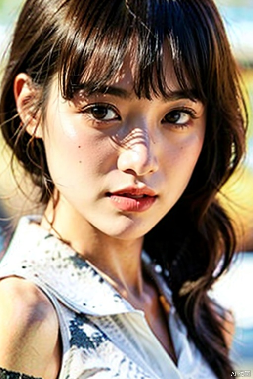 1girl, solo, looking at viewer, shirt, black hair, bare shoulders, brown eyes, jewelry, collarbone, white shirt, upper body, earrings, parted lips, sleeveless, medium hair, black eyes, lips, parted bangs, realistic, nose,baolan