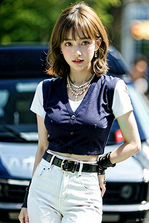 best quality,highres,1girl,body building,solo,blonde hair,blue eyes,belt,jeans,pearl_necklace,bracelet,black gloves,white shirt,short hair,short sleeves,earrings,blue pants,open vest,black vest,cowboy shot,street,straight-on,(beautiful_face:1.5),(narrow_waist),the whole body,baolan