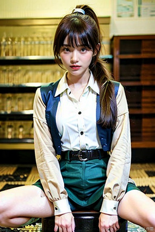 1girl, solo, long hair, looking at viewer, skirt, brown hair, shirt, brown eyes, sitting, jacket, white shirt, ponytail, necktie, collared shirt, indoors, spread legs, formal, green skirt, green jacket,baolan,