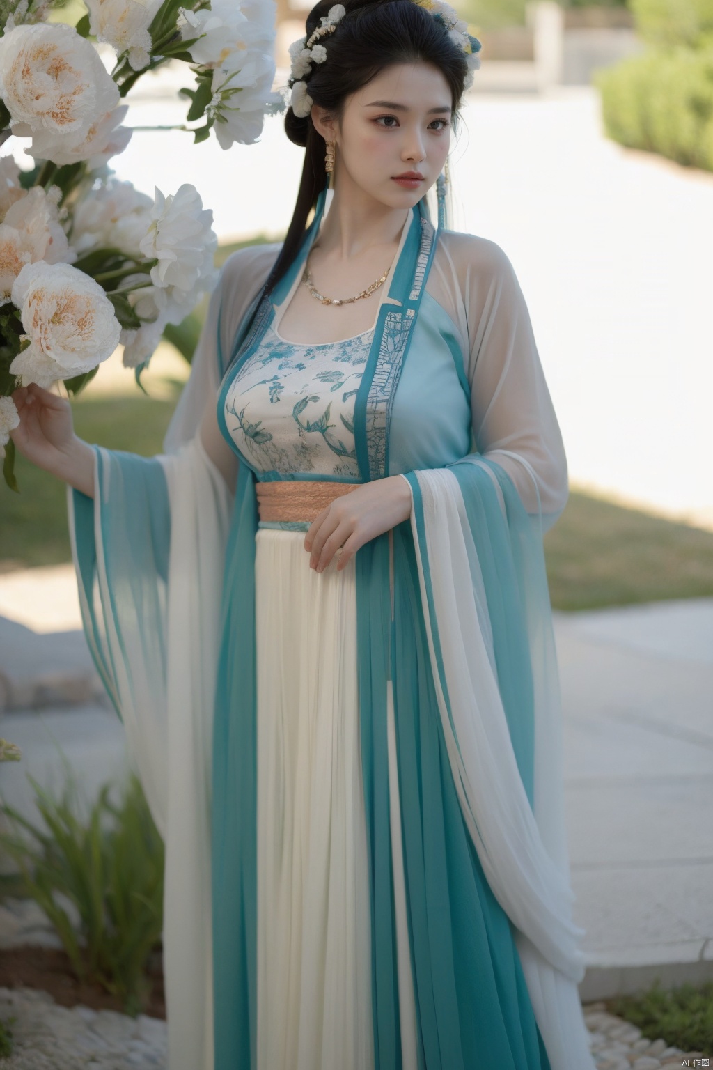  masterpiece,tang_hanfu,1girl,(spring,flowers:1.2),looking_at_viewer,,(big breasts:1.39), hanfu