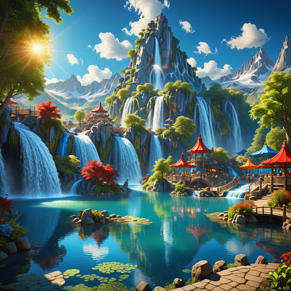 blue sky, Fantasy Park,
Mountain,
Waterfall,




,Lakes,

(wonderland:1
),
Adequate sunlight,reflection, true light and shadow, perfect lighting,
no humans,Realistic, 
Overlooking,
Representative,boutique, Masterpiece, Intricate, 
High Quality, Best Quality, 
Ultra HD,high res, 
Full Detail,

,Authenticity,
Take photos,

﻿
