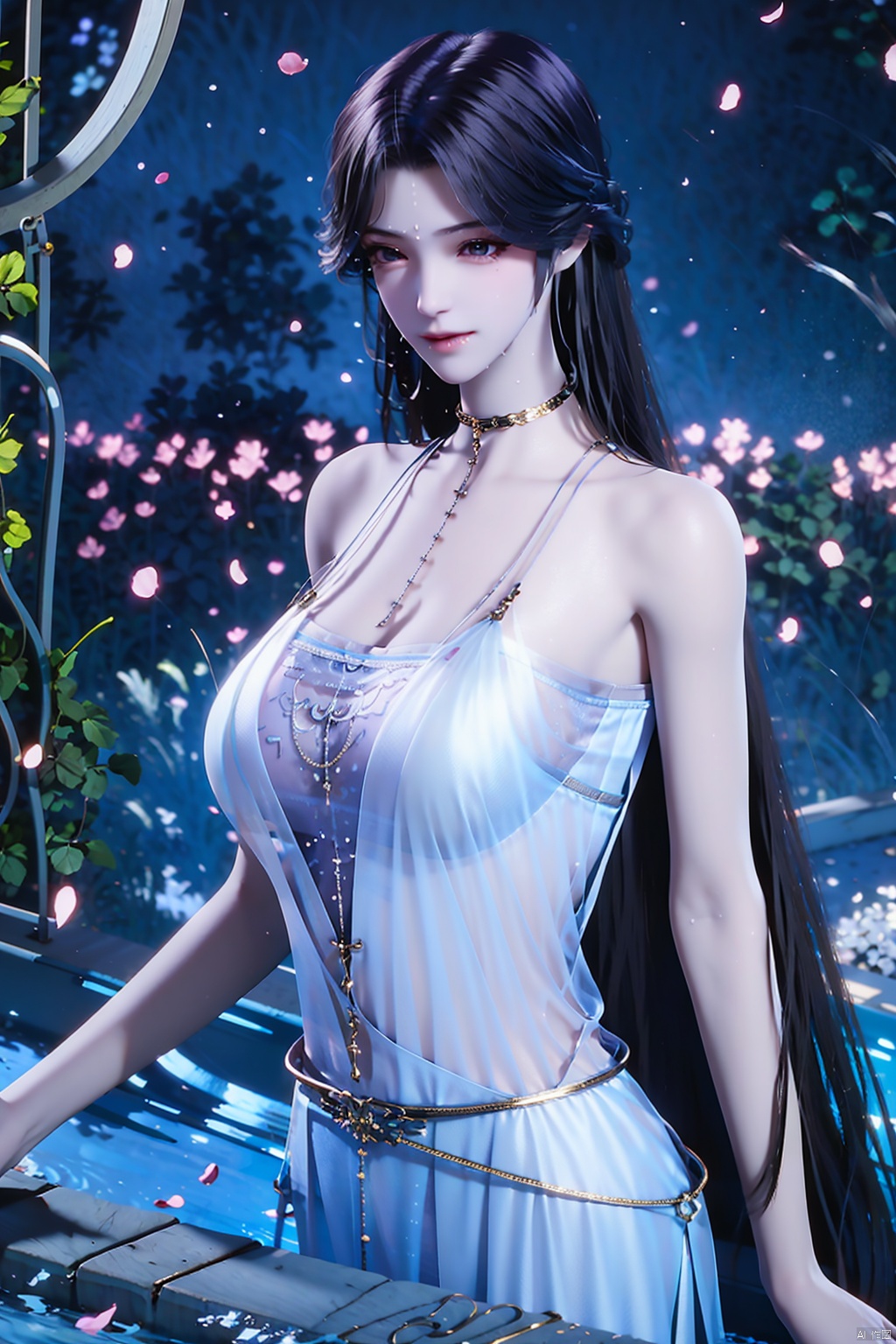 1girl,solo,long hair,breasts,looking at viewer,large breasts,black hair,dress,cleavage,bare shoulders,jewelry,very long hair,closed mouth,purple eyes,flower,choker,water,necklace,white dress,wet,petals,plant,pool,