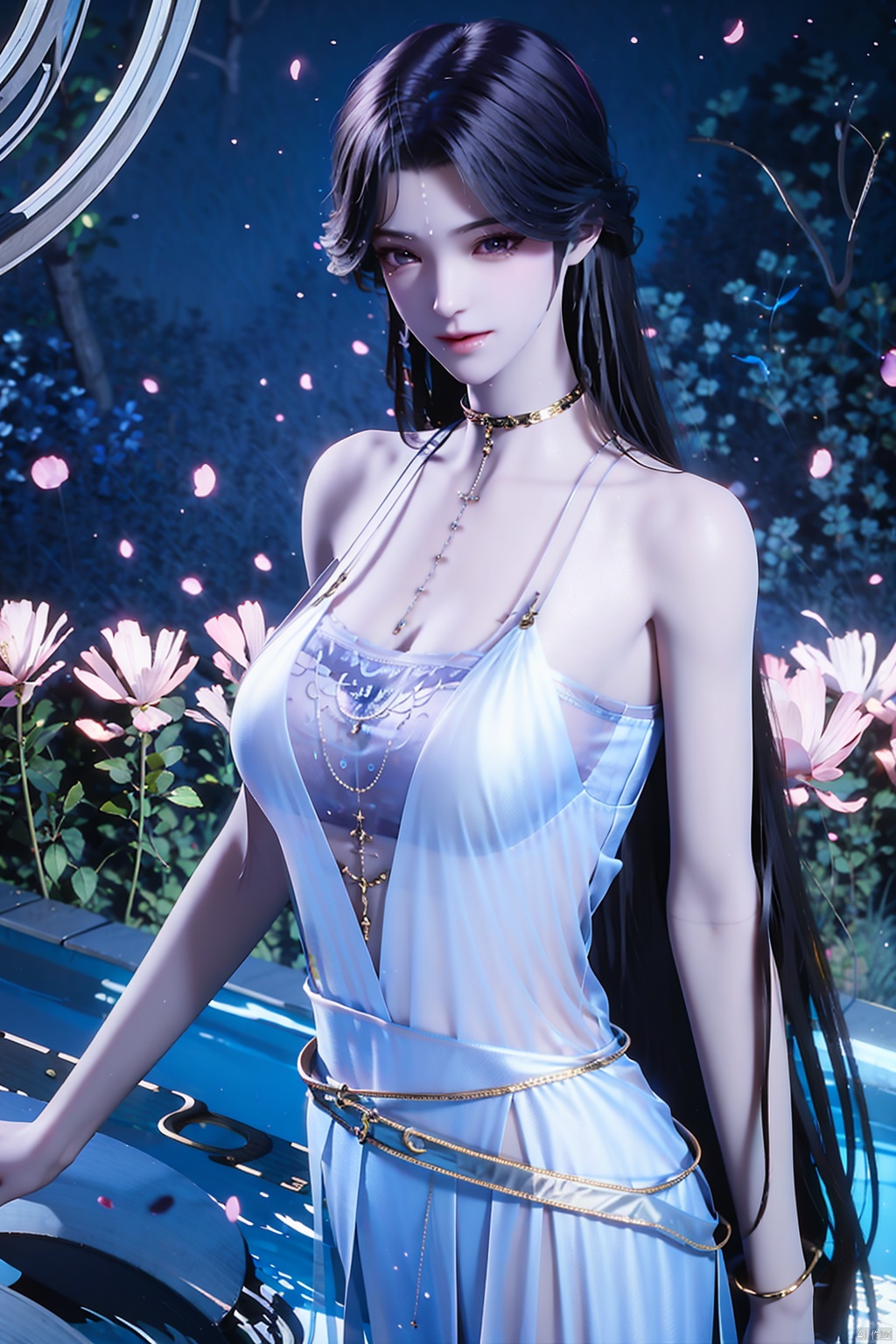 1girl,solo,long hair,breasts,looking at viewer,large breasts,black hair,dress,cleavage,bare shoulders,jewelry,very long hair,closed mouth,purple eyes,flower,choker,water,necklace,white dress,wet,petals,plant,pool,