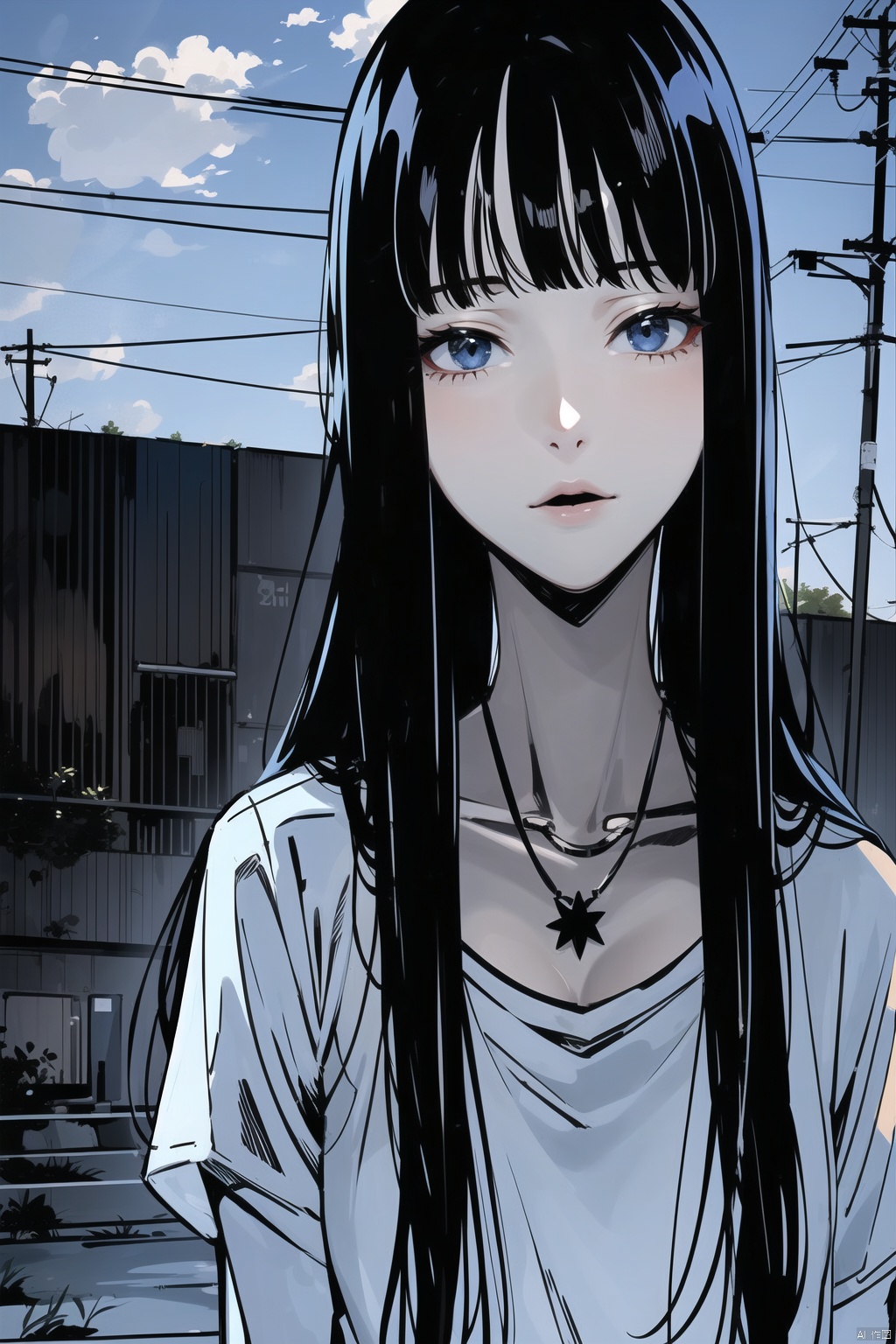  mj, 1girl, solo, long hair, looking at viewer, black hair, necklace, jewelry, outdoors, bangs, power lines, fence, utility pole, monochrome, upper body, shirt, closed mouth, blunt bangs