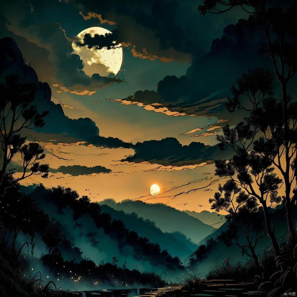 mj, no humans, scenery, sky, tree, cloud, night, outdoors, moon