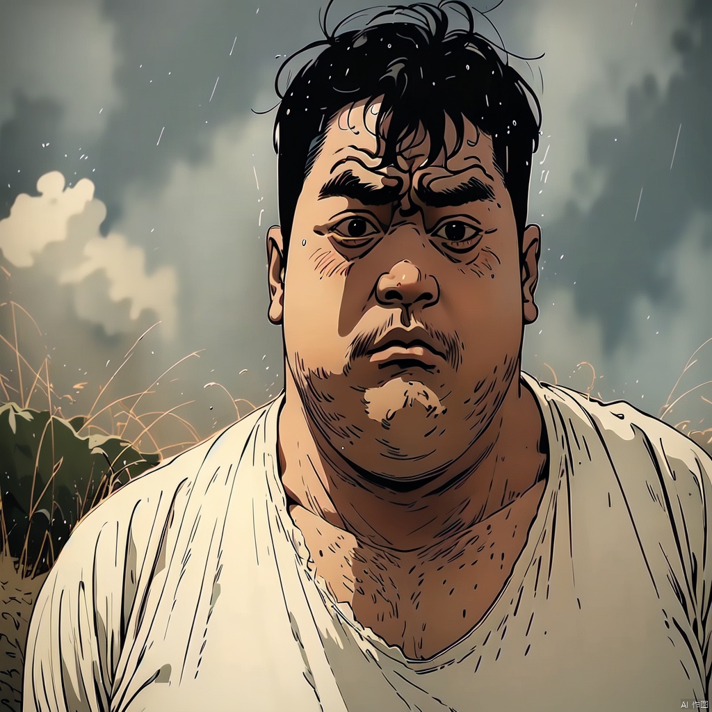 mj, 1boy, male focus, solo, shirt, black hair, looking at viewer, white shirt, outdoors, short hair, frown, upper body, rain, grass, closed mouth, messy hair, thick eyebrows, fat