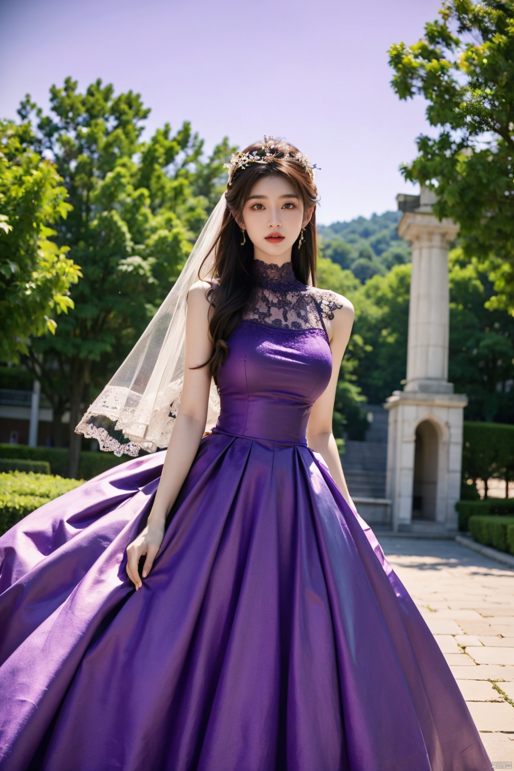  1girl,purple wedding dress, (masterpiece, top quality, best quality, official art, beautiful and aesthetic:1.2), Light master