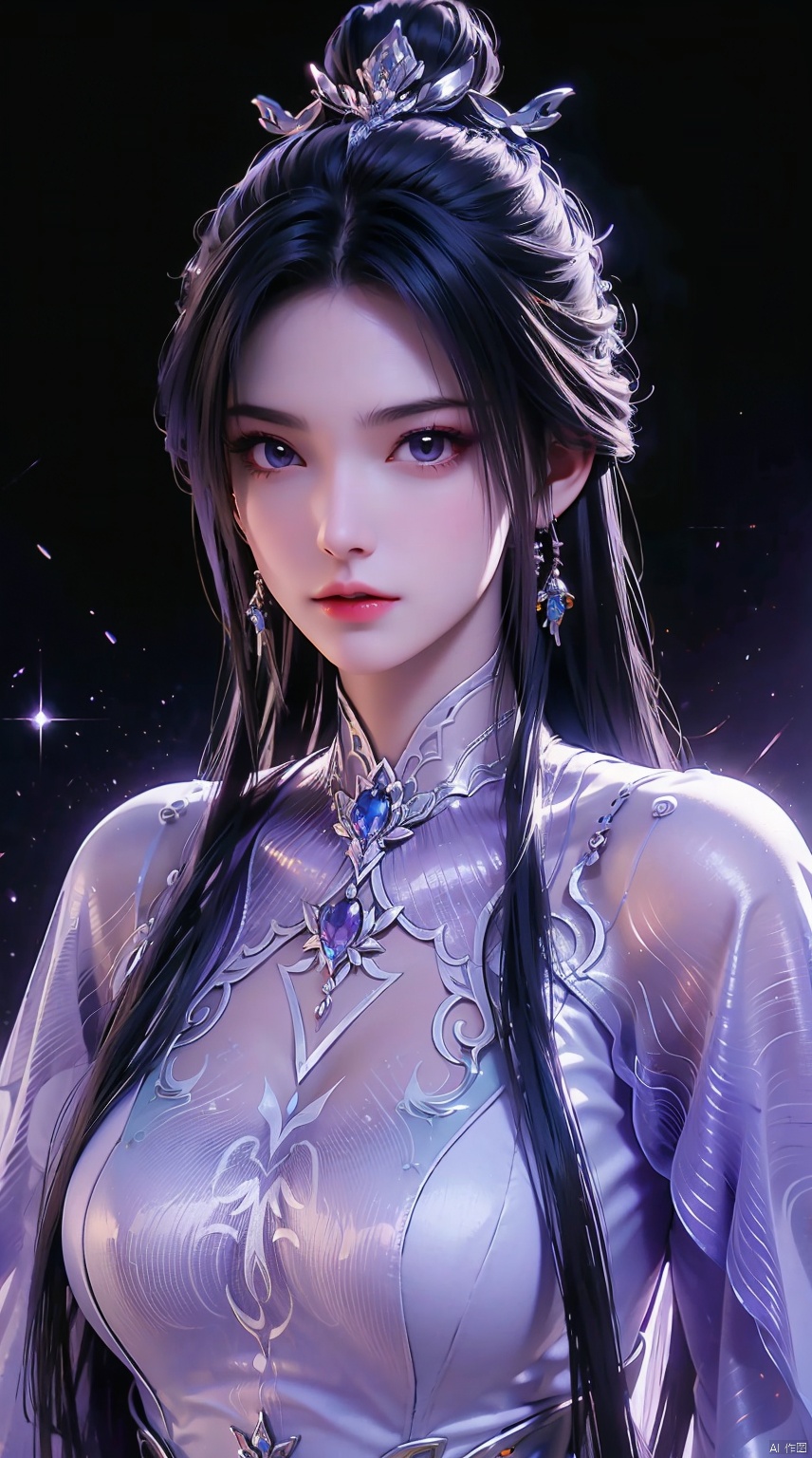  1 girl,(Purple light effect),hair ornament,jewelry,looking at viewer,floating hair