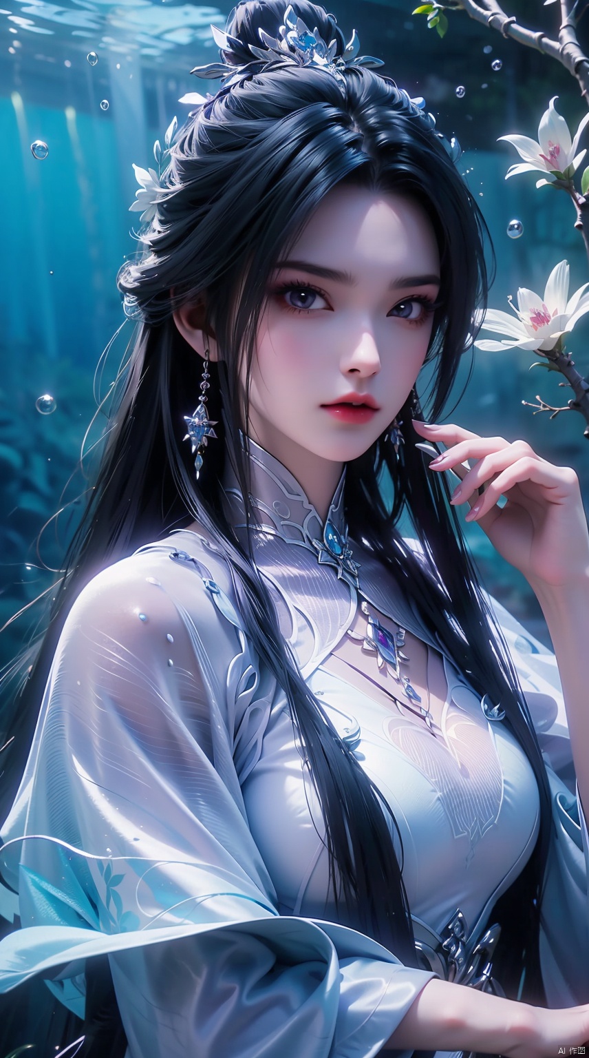  1 girl,(Purple light effect),hair ornament,jewelry,looking at viewer,flower,floating hair,water,underwater,air bubble,Flowers,petal,branch,submerged ,LXQ