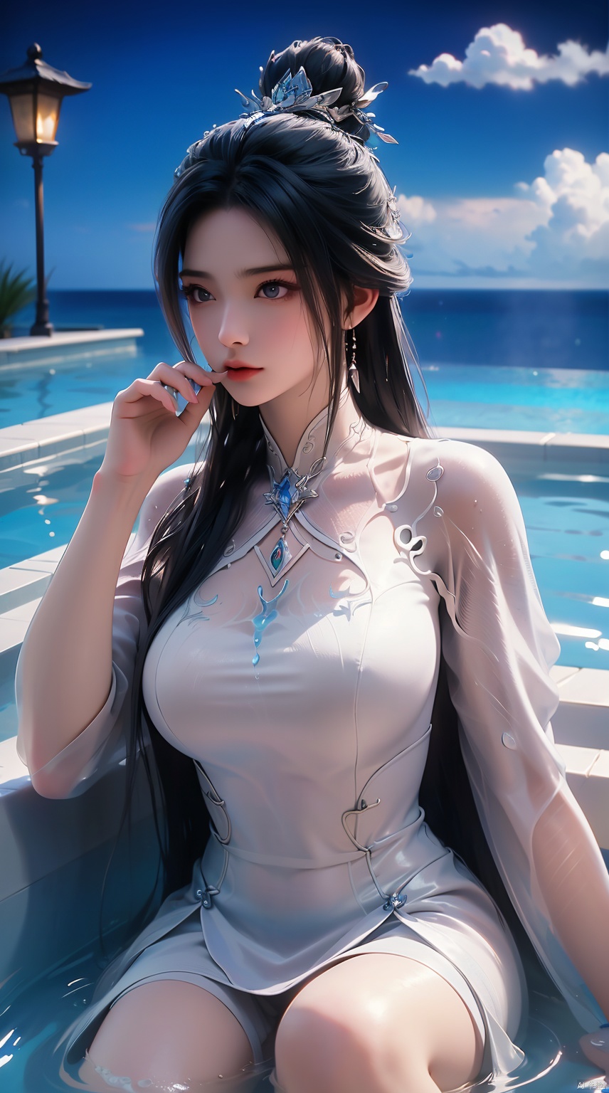  High quality, masterpiece, cinematic texture, Chinese elements, 1 girl bathing in the pool, (wrapped in a towel: 1.2),Forehead gemstone, (with a large amount of water vapor on the surface: 1.5), (hot spring), lantern, night,LXQ