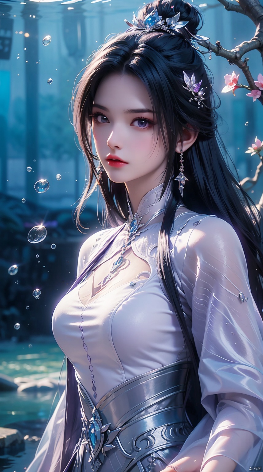  1 girl,(Purple light effect),hair ornament,jewelry,looking at viewer,flower,floating hair,water,underwater,air bubble,Flowers,petal,branch,submerged ,LXQ