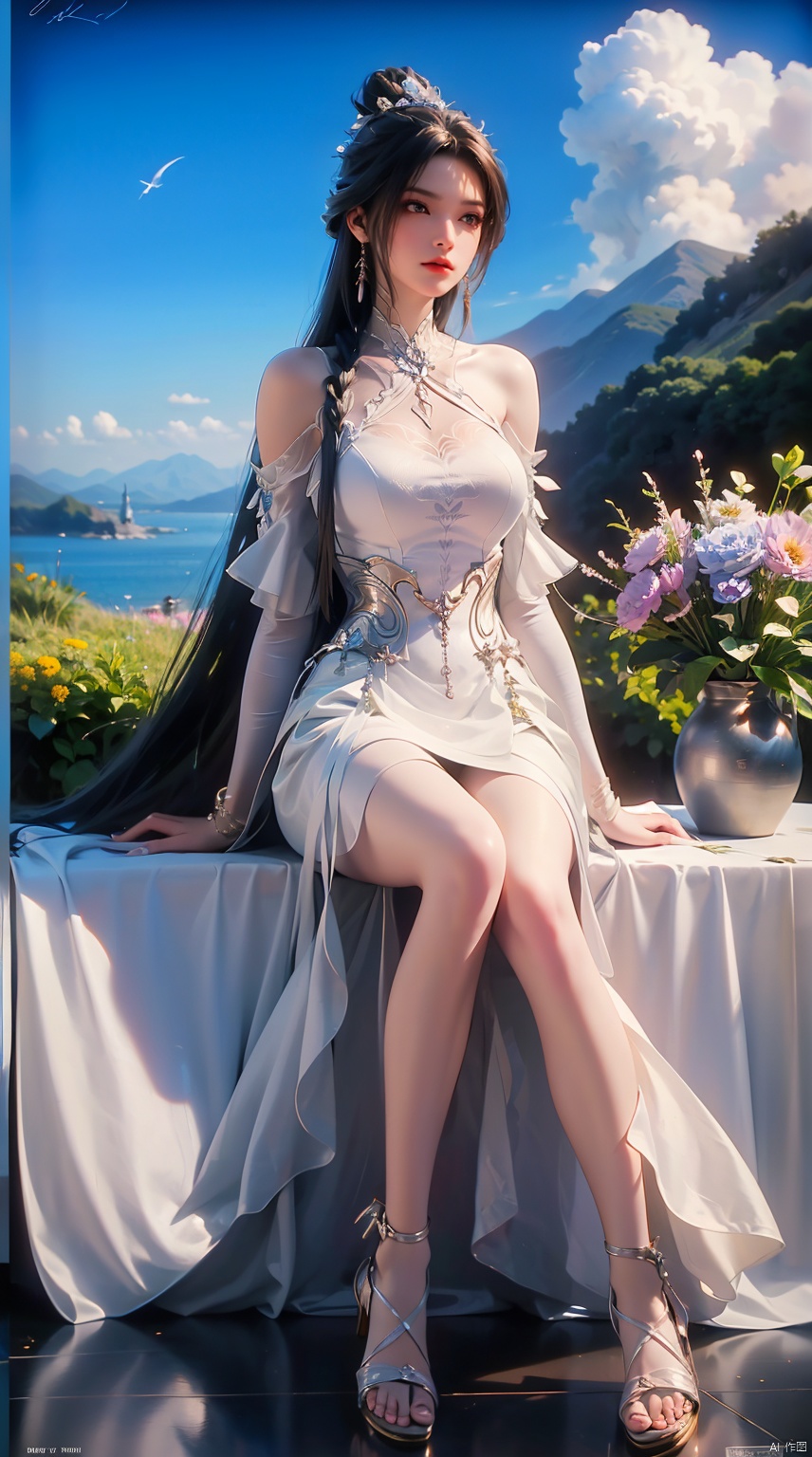  best quality, masterpiece, illustration, (reflection light), incredibly absurdres, ((Movie Poster), (signature:1.3), (English text), 1girl, girl middle of flower, pure sky,clear sky, outside, collarbone, sitting, absurdly long hair, clear boundaries of the cloth, white dress, fantastic scenery, ground of flowers, thousand of flowers, colorful flowers, flowers around her, various flowers,bare shoulders,skirt, sandals,