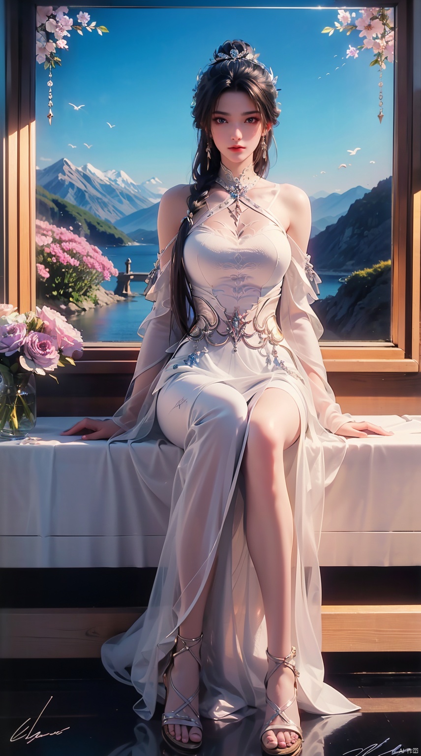  best quality, masterpiece, illustration, (reflection light), incredibly absurdres, ((Movie Poster), (signature:1.3), (English text), 1girl, girl middle of flower, pure sky,clear sky, outside, collarbone, sitting, absurdly long hair, clear boundaries of the cloth, white dress, fantastic scenery, ground of flowers, thousand of flowers, colorful flowers, flowers around her, various flowers,bare shoulders,skirt, sandals,