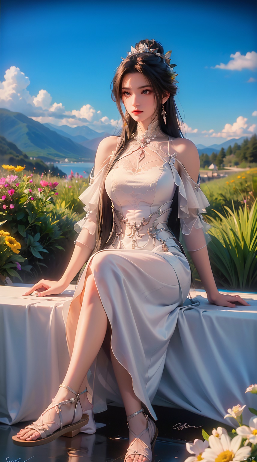  best quality, masterpiece, illustration, (reflection light), incredibly absurdres, ((Movie Poster), (signature:1.3), (English text), 1girl, girl middle of flower, pure sky,clear sky, outside, collarbone, sitting, absurdly long hair, clear boundaries of the cloth, white dress, fantastic scenery, ground of flowers, thousand of flowers, colorful flowers, flowers around her, various flowers,bare shoulders,skirt, sandals,