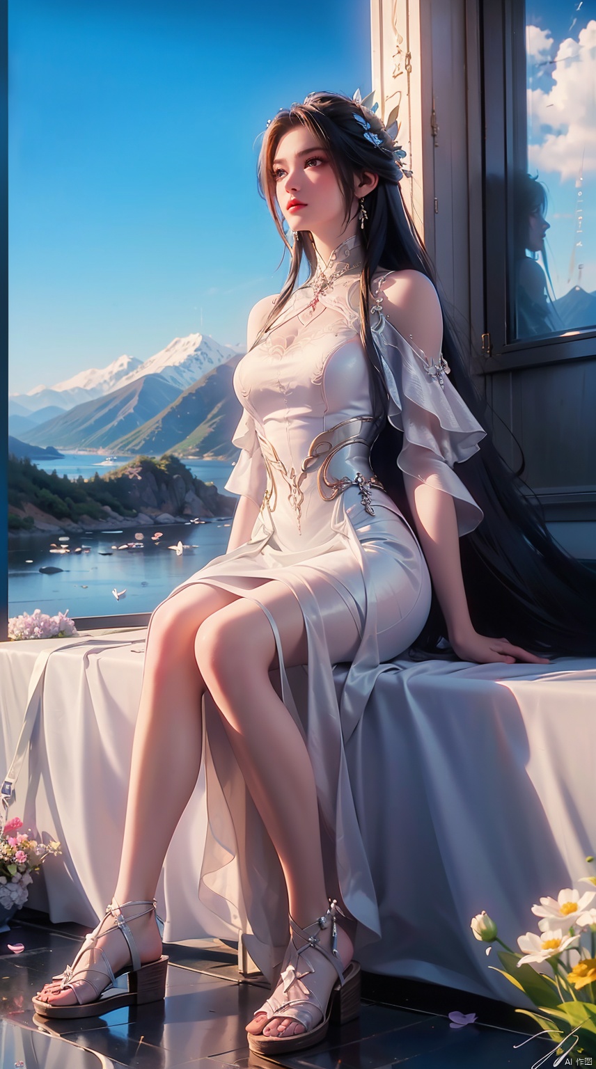  best quality, masterpiece, illustration, (reflection light), incredibly absurdres, ((Movie Poster), (signature:1.3), (English text), 1girl, girl middle of flower, pure sky,clear sky, outside, collarbone, sitting, absurdly long hair, clear boundaries of the cloth, white dress, fantastic scenery, ground of flowers, thousand of flowers, colorful flowers, flowers around her, various flowers,bare shoulders,skirt, sandals,