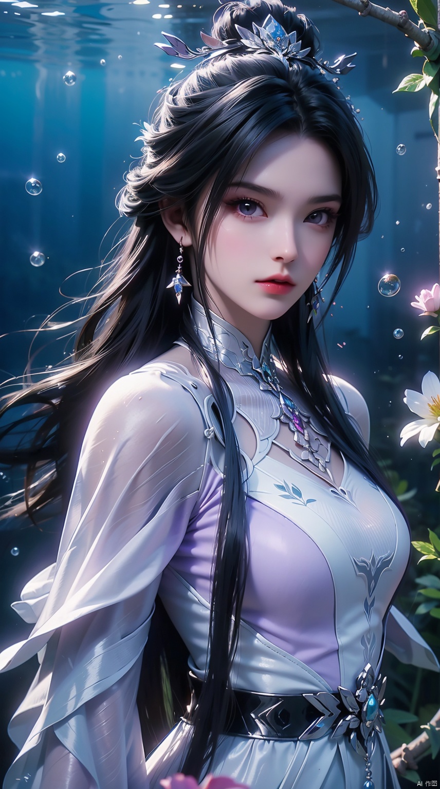  1 girl,(Purple light effect),hair ornament,jewelry,looking at viewer,flower,floating hair,water,underwater,air bubble,Flowers,petal,branch,submerged ,LXQ