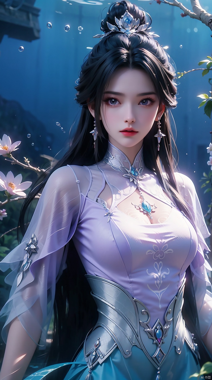 1 girl,(Purple light effect),hair ornament,jewelry,looking at viewer,flower,floating hair,water,underwater,air bubble,Flowers,petal,branch,submerged ,LXQ