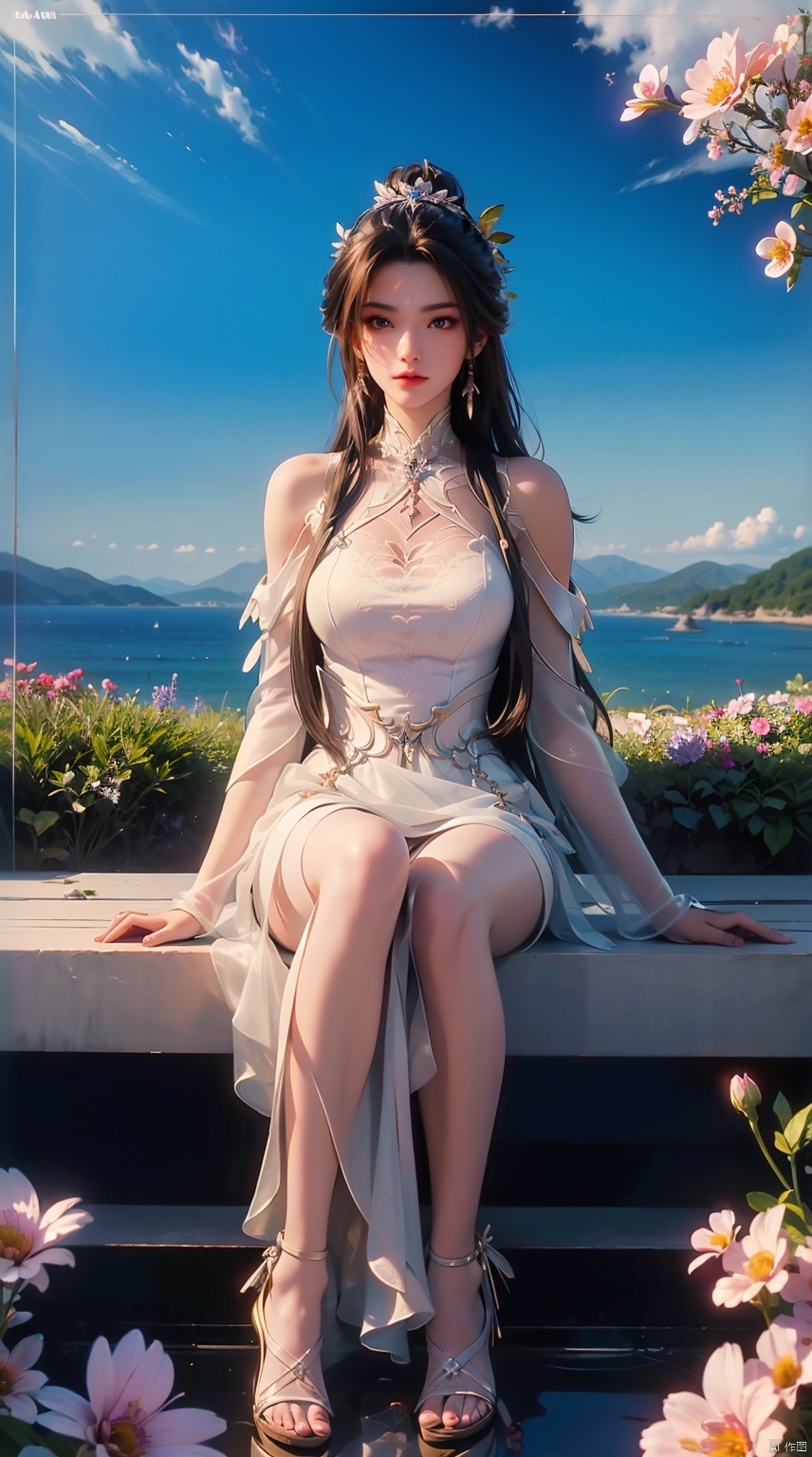  best quality, masterpiece, illustration, (reflection light), incredibly absurdres, ((Movie Poster), (signature:1.3), (English text), 1girl, girl middle of flower, pure sky,clear sky, outside, collarbone, sitting, absurdly long hair, clear boundaries of the cloth, white dress, fantastic scenery, ground of flowers, thousand of flowers, colorful flowers, flowers around her, various flowers,bare shoulders,skirt, sandals,