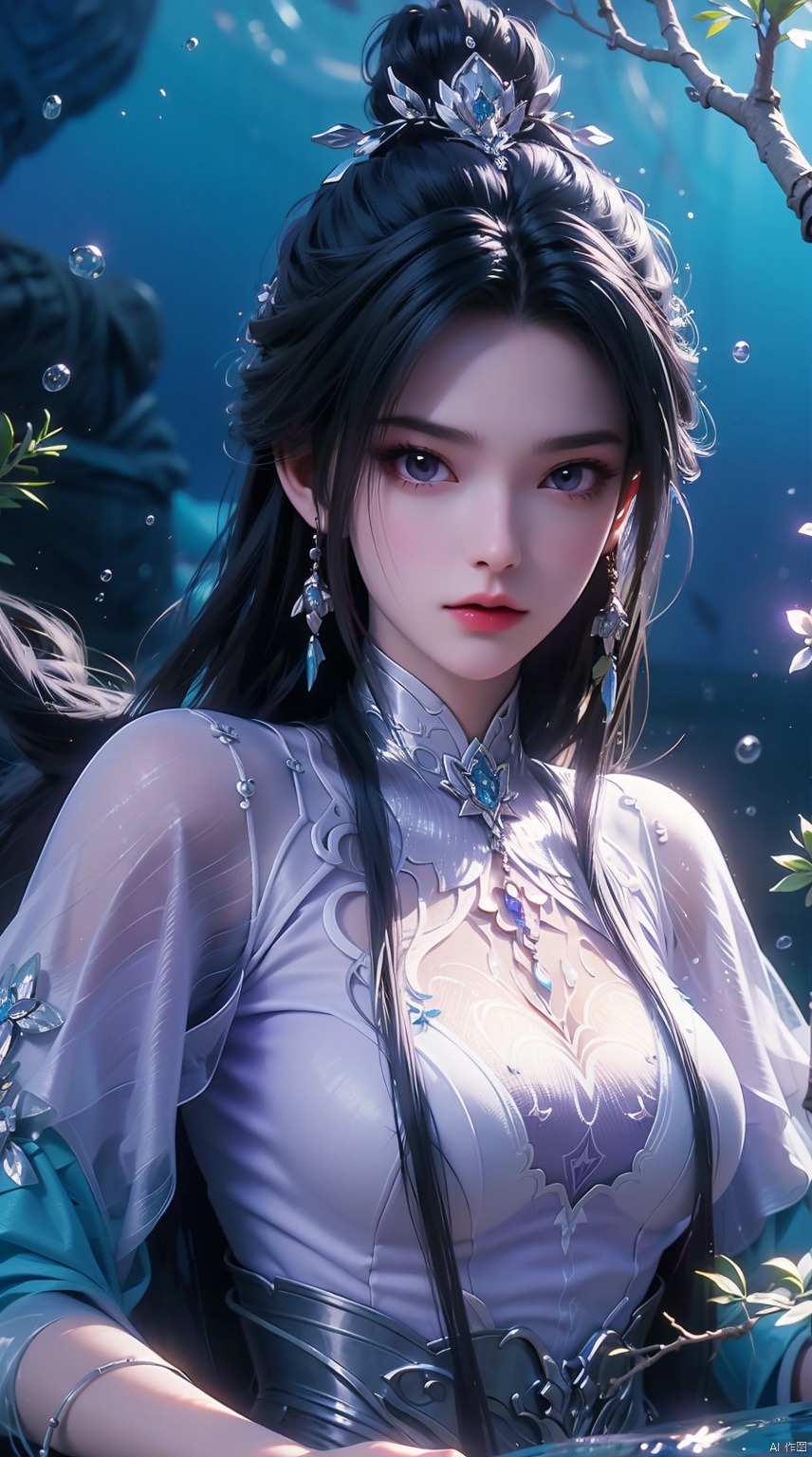  1 girl,(Purple light effect),hair ornament,jewelry,looking at viewer,flower,floating hair,water,underwater,air bubble,Flowers,petal,branch,submerged ,LXQ