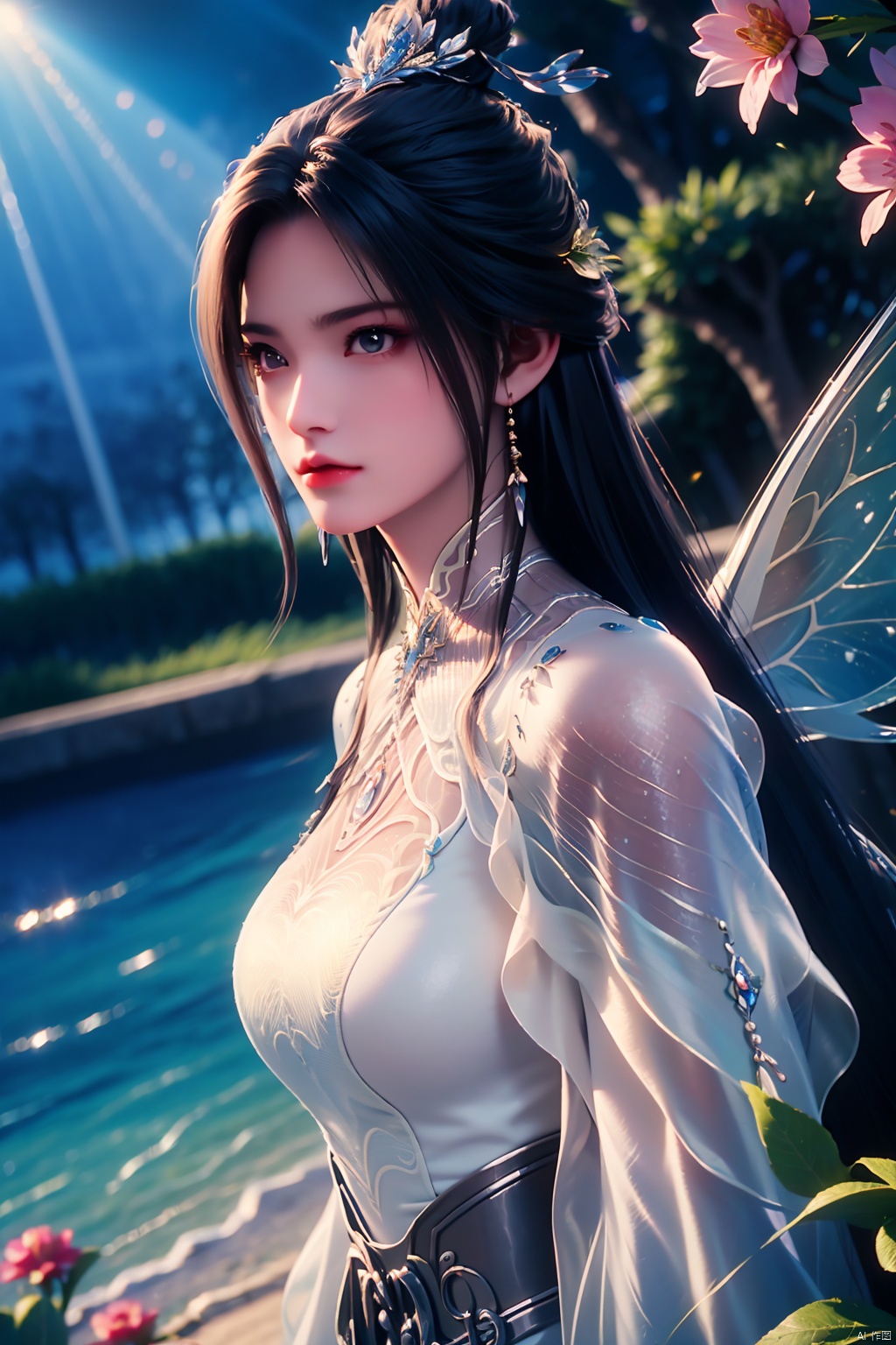  HDR, UHD, 8K, Highly detailed, best quality, masterpiece, 1girl, realistic, Highly detailed, (EOS R8, 50mm, F1.2, 8K, RAW photo:1.2), ultra realistic 8k cg,1 girl, solo focus,peafect body,Long hair,Messy hair,Bangs,hair between eyes,Sidelocks,Hair over shoulder,very long hair,shiny hair,floating hair,Bright eyes,big eyes,detailed eyes,beautiful eyes,hair ornament,hair flower,choker,frilled dress with lace,long dress,pleated dress,[loli],,outdoors,water,flower, in the ((sea of flowers)), flower field,meadow,beautiful detailed sky,feather,nature,(sunlight), skirt up,,moist skin, shiny skin, glossy skin, (best illumination, best shadow, extremely delicate and beautiful), perfect lighting, original, highres, dynamic angle, floating,depth of field, caustics,lens flare,warm lighting,(official art,beautiful and aesthetic:1.2),beautiful face, ultra detailed eyes, looking_at_viewer,kind smile,pose for picture,huolinger,, liuyifei, ((poakl)), Detail,wings,glint,glowing,((A butterfly)), LXQ,