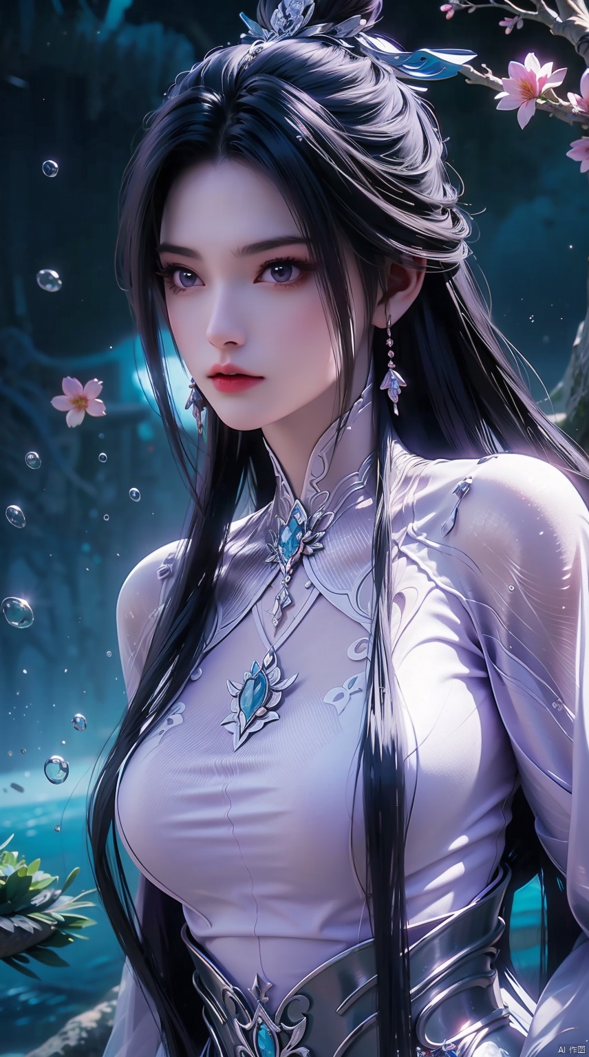  1 girl,(Purple light effect),hair ornament,jewelry,looking at viewer,flower,floating hair,water,underwater,air bubble,Flowers,petal,branch,submerged ,LXQ