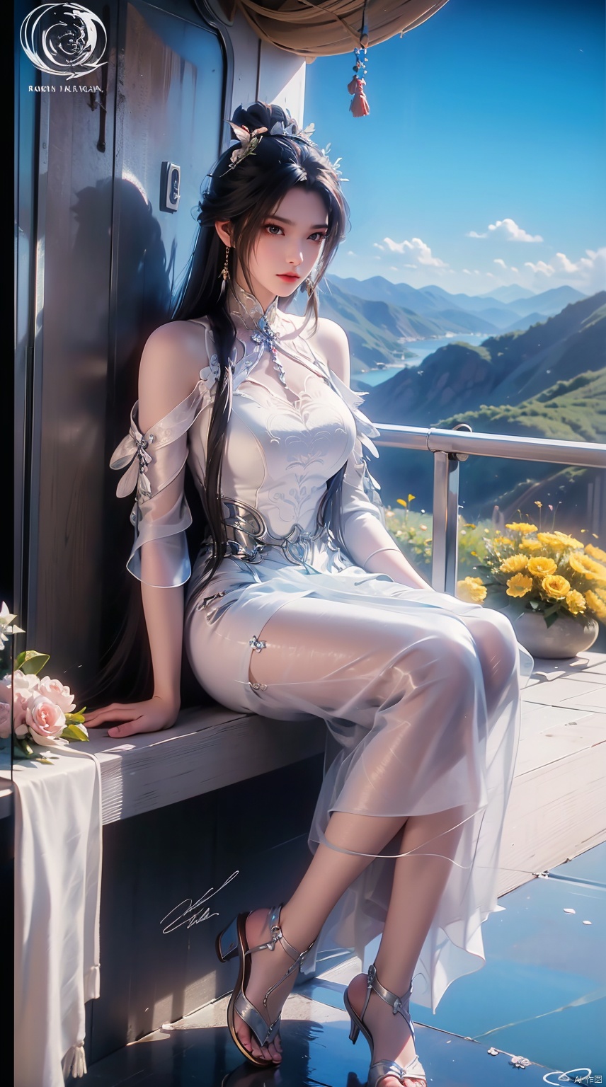  best quality, masterpiece, illustration, (reflection light), incredibly absurdres, ((Movie Poster), (signature:1.3), (English text), 1girl, girl middle of flower, pure sky,clear sky, outside, collarbone, sitting, absurdly long hair, clear boundaries of the cloth, white dress, fantastic scenery, ground of flowers, thousand of flowers, colorful flowers, flowers around her, various flowers,bare shoulders,skirt, sandals,