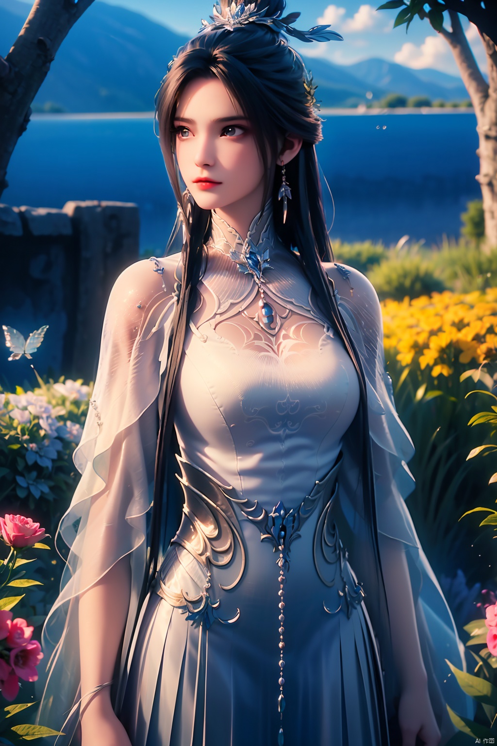  HDR, UHD, 8K, Highly detailed, best quality, masterpiece, 1girl, realistic, Highly detailed, (EOS R8, 50mm, F1.2, 8K, RAW photo:1.2), ultra realistic 8k cg,1 girl, solo focus,peafect body,Long hair,Messy hair,Bangs,hair between eyes,Sidelocks,Hair over shoulder,very long hair,shiny hair,floating hair,Bright eyes,big eyes,detailed eyes,beautiful eyes,hair ornament,hair flower,choker,frilled dress with lace,long dress,pleated dress,[loli],,outdoors,water,flower, in the ((sea of flowers)), flower field,meadow,beautiful detailed sky,feather,nature,(sunlight), skirt up,,moist skin, shiny skin, glossy skin, (best illumination, best shadow, extremely delicate and beautiful), perfect lighting, original, highres, dynamic angle, floating,depth of field, caustics,lens flare,warm lighting,(official art,beautiful and aesthetic:1.2),beautiful face, ultra detailed eyes, looking_at_viewer,kind smile,pose for picture,huolinger,, liuyifei, ((poakl)), Detail,wings,glint,glowing,((A butterfly)), LXQ,